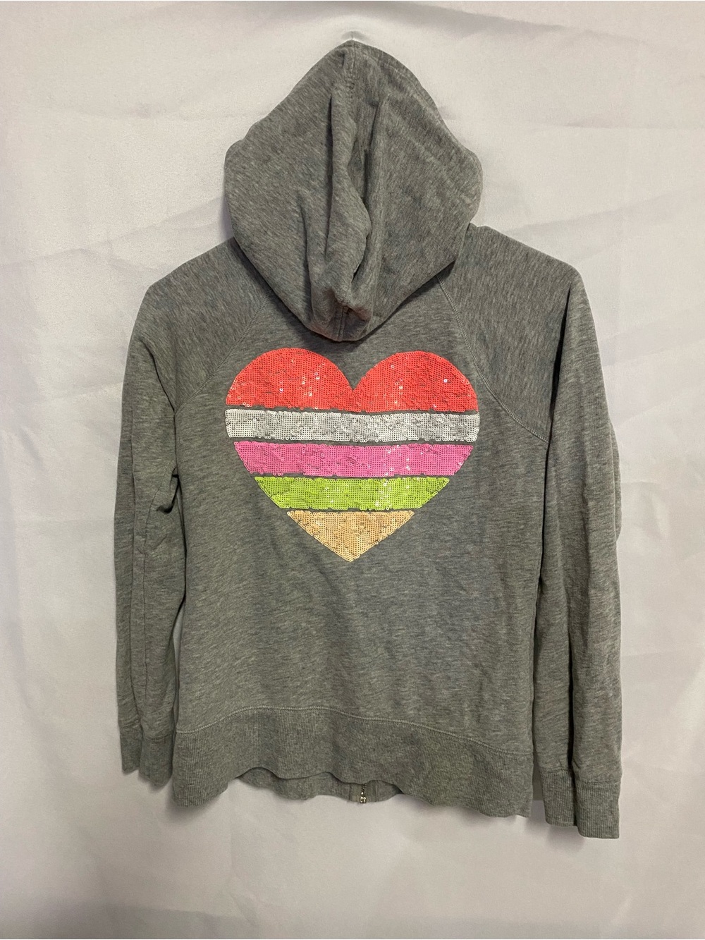 Victoria’s Secret Gray Hooded Women's Sweater with Sequin Heart Stripe Design
